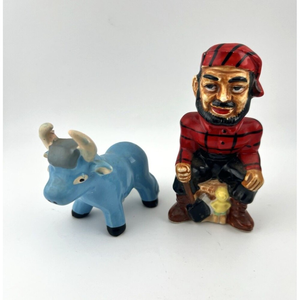 Paul Bunyan & Babe Blue Ox Salt Pepper Shakers Vintage Japan Ceramic Souvenir